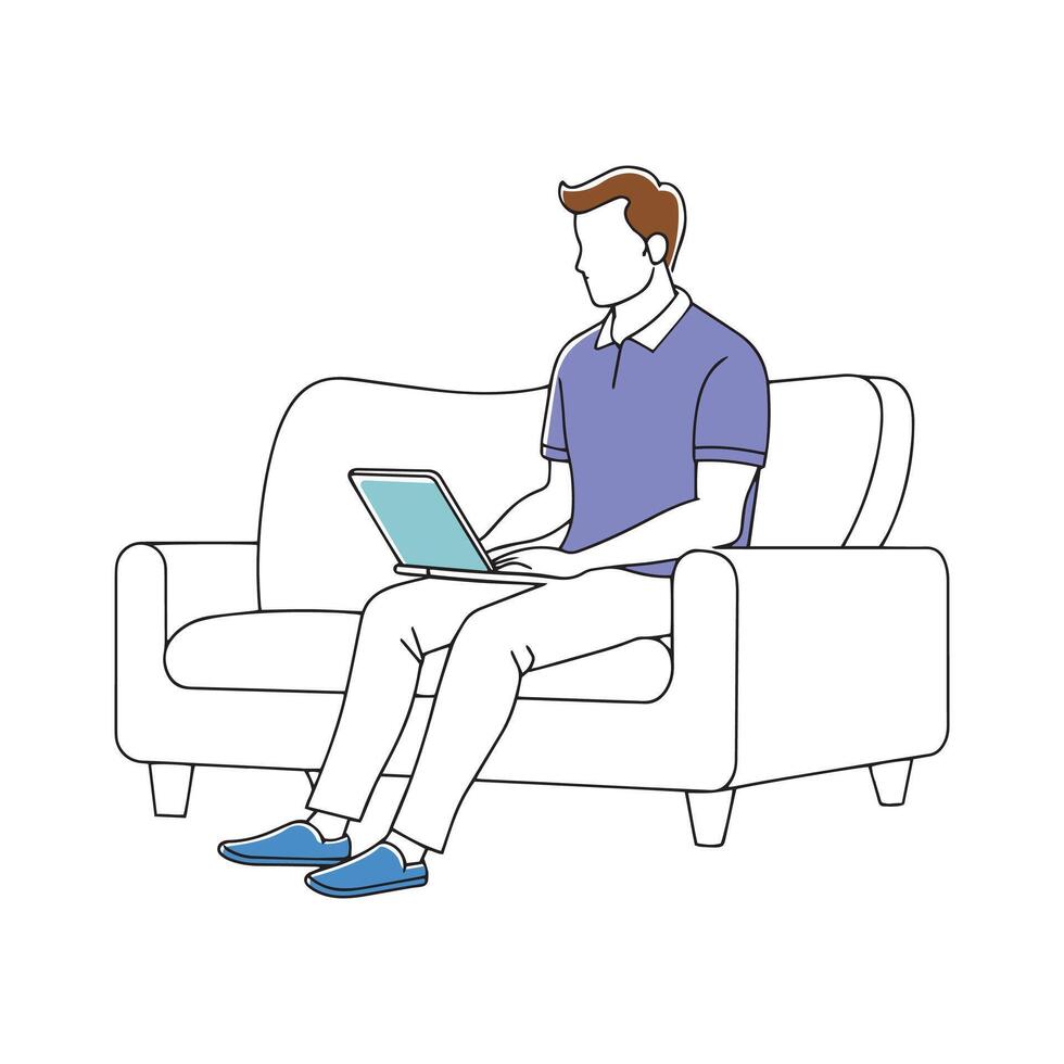 Man seated on a couch in a modern living room Business shape line illustration on white background. vector