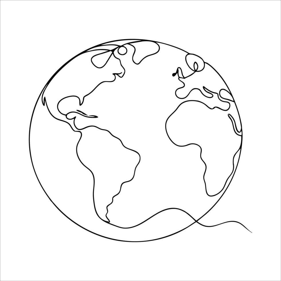 Hand drawn Earth global world with map one line continuous line art illustration on white background vector