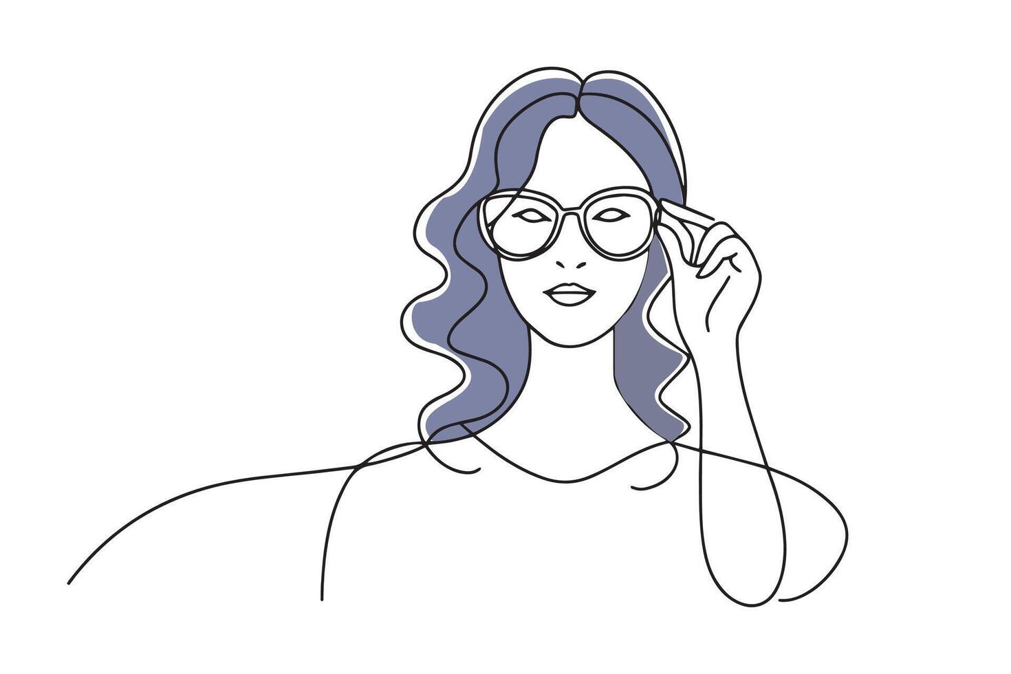 Woman adjusting her glasses on her face doodle continuous line art illustration on white background vector