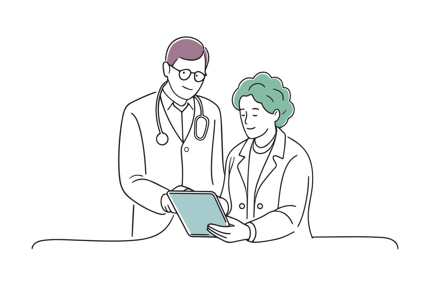 Physician and elderly woman examining digital health records on a tablet doodle continuous line art illustration on white background vector