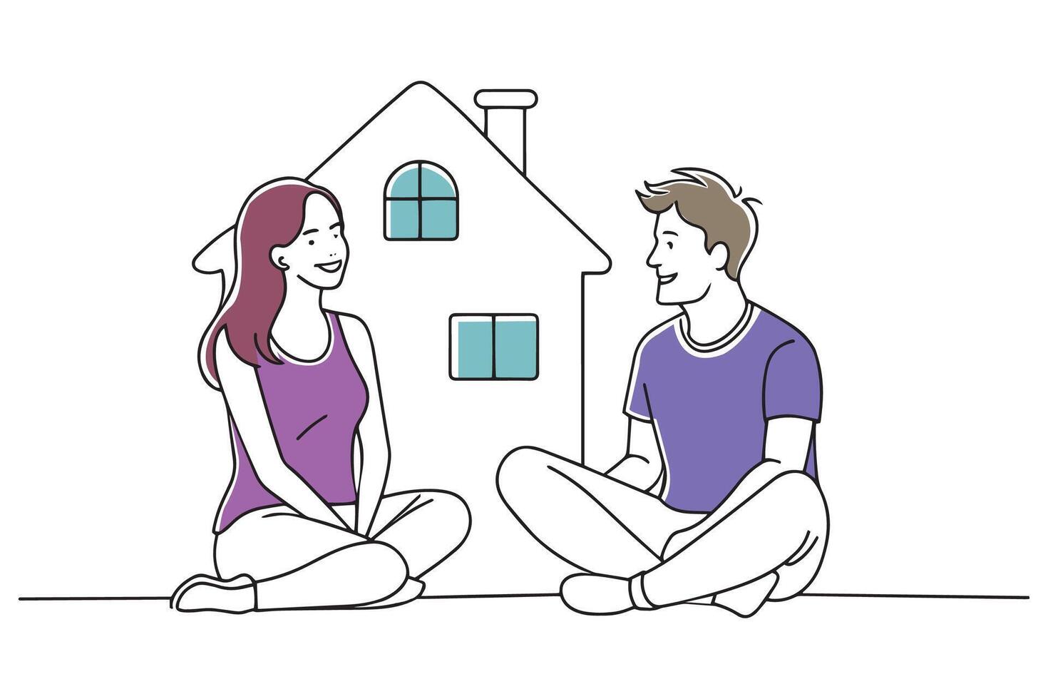 Man and woman sitting on the floor in their new house, smiling at each other doodle continuous line art illustration on white background vector