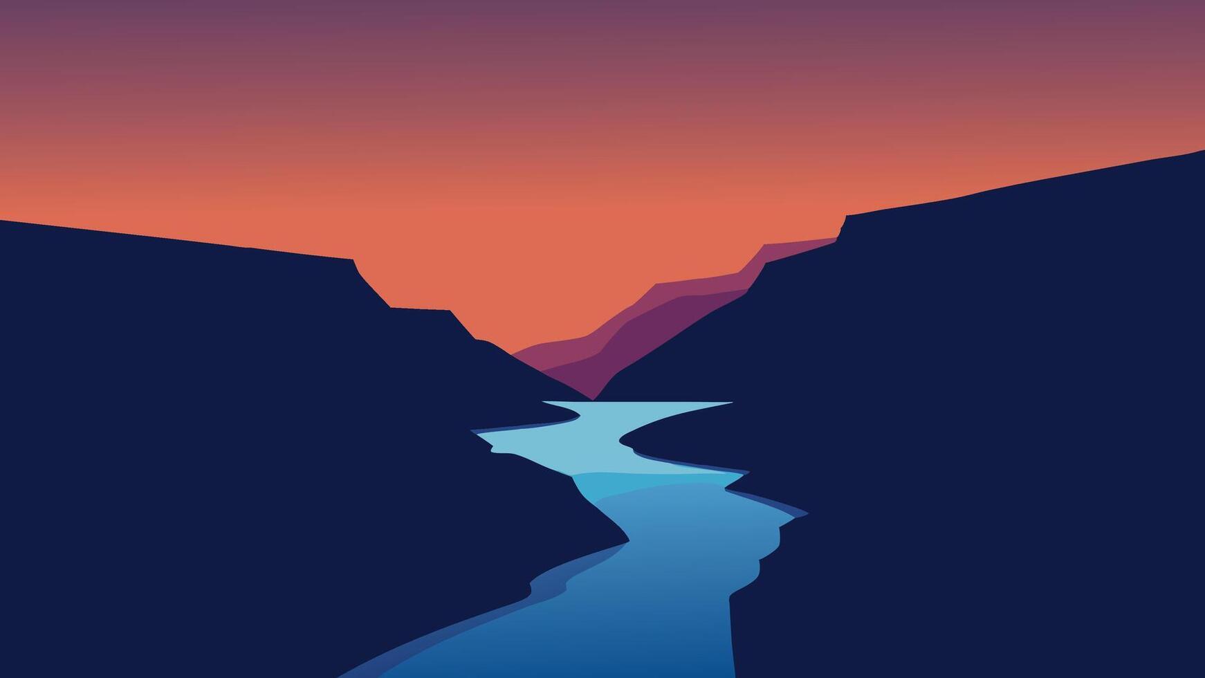 The sun sets over a river and waterfall in Iceland flat illustration vector