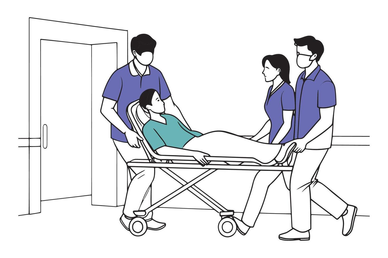 Man and woman pushing a patient on a stretcher in a hospital hallway, line illustration on white background. vector
