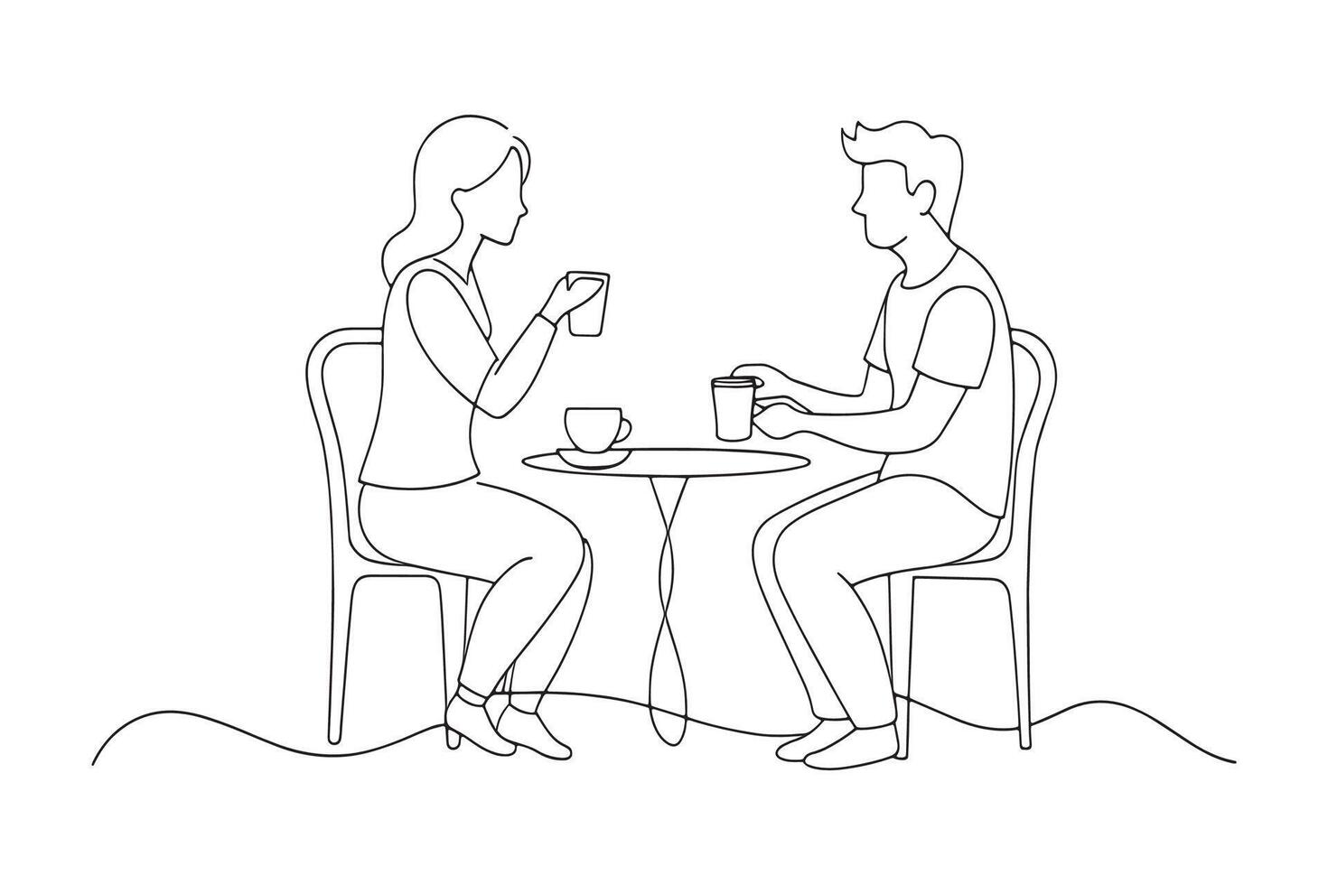 A man and woman sitting at a table with coffee cups engaged in conversation line with illustration on white background. vector