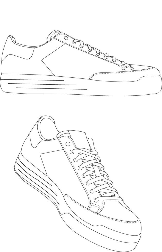 Shoes sneaker outline drawing, Sneakers Icon, Sneakers drawn in a sketch style, black line sneaker trainers template outline, Shoes Illustration, Shoes Icon vector