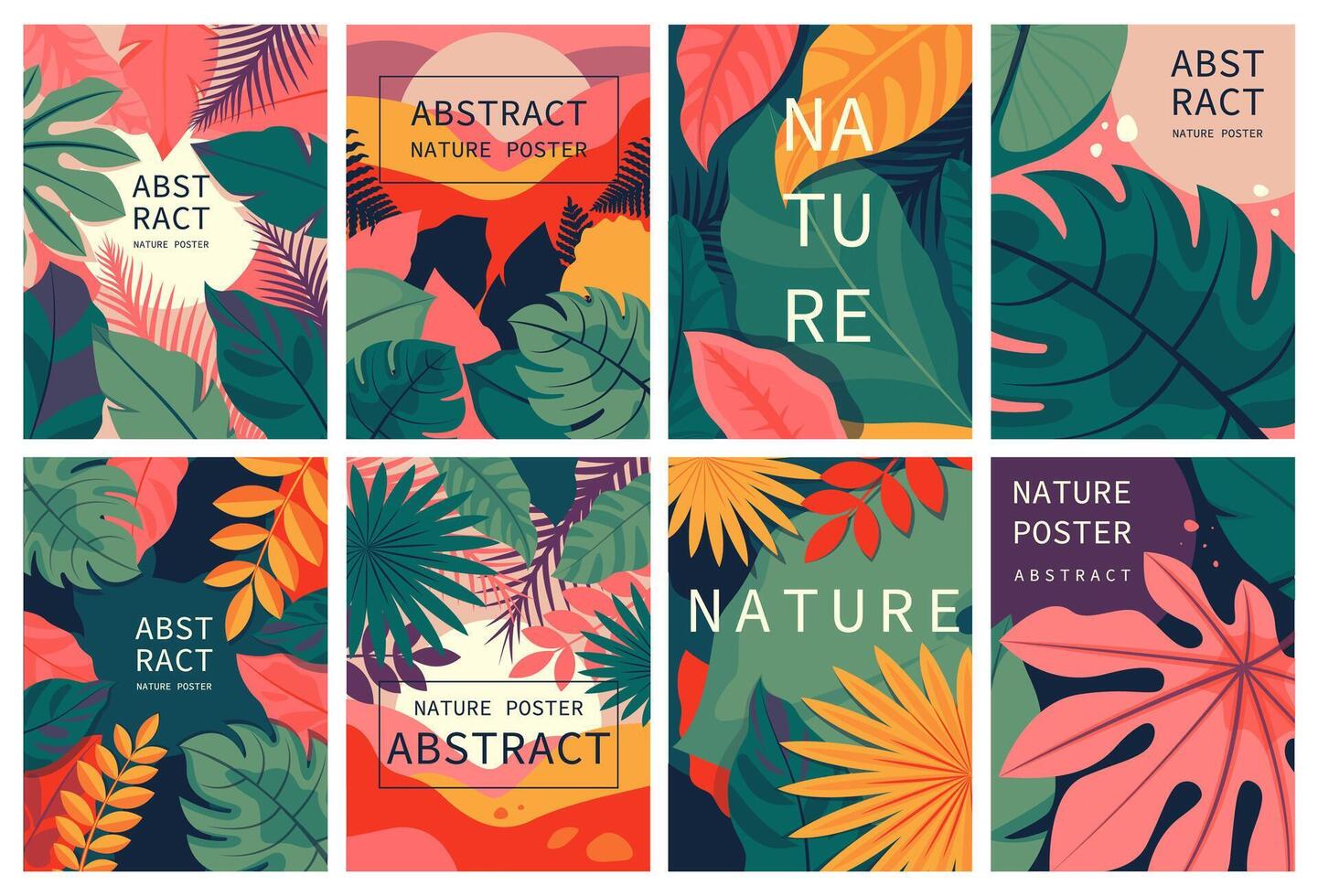 Tropical Abstract Nature. Modern Illustrations of Leaves, Plants, and Landscapes for Posters vector
