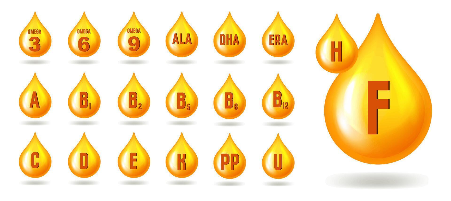 Set of oil drop complex. Golden multivitamin design vector