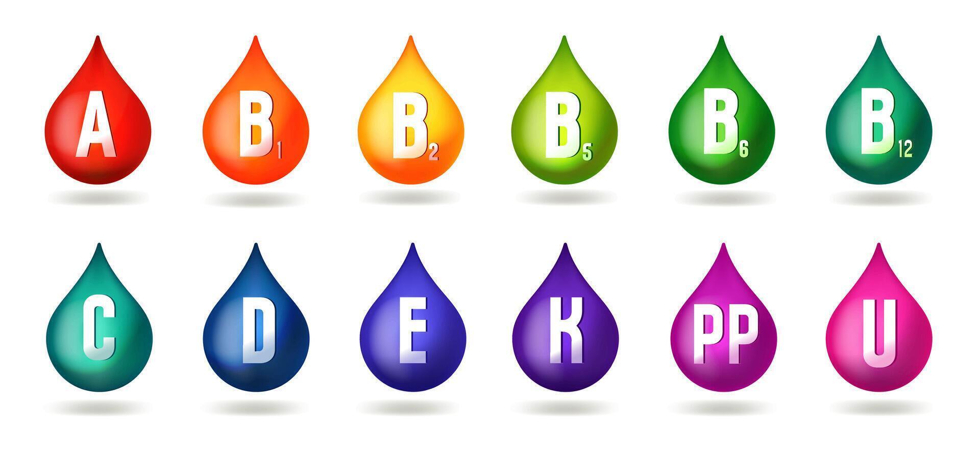 Set of drops with vitamins complex. Multicolored multivitamin design vector