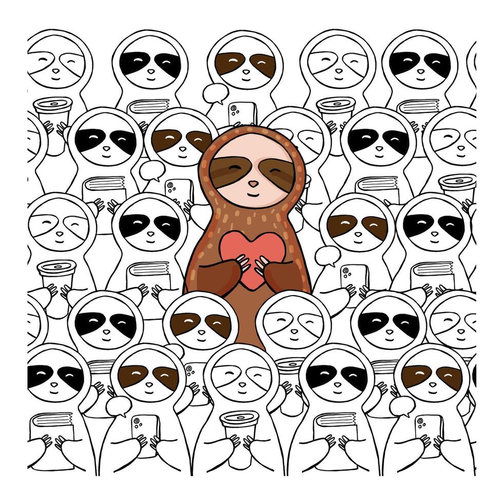 Illustration of cute sloths. Sloth stands in the crowd, holding a heart in its paws, while others hold smartphones, books, and coffee. vector