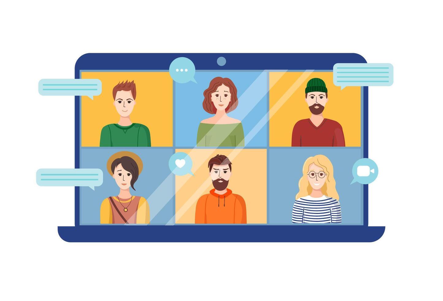 Friends joining online. Remote working or communication, training via conference call. Workplace, laptop screen, group of people talking by internet. vector