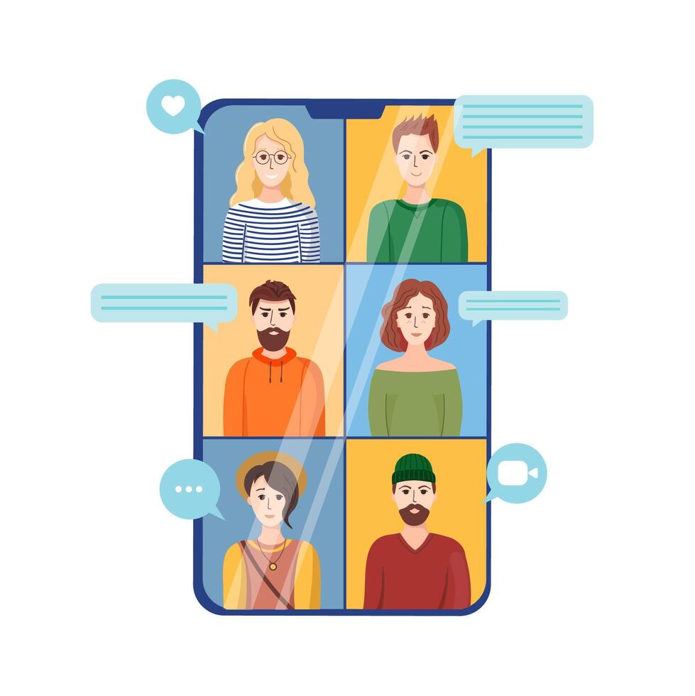 Friends joining smartphone. Call concept. Remote working or communication, training with meeting via conference call. vector