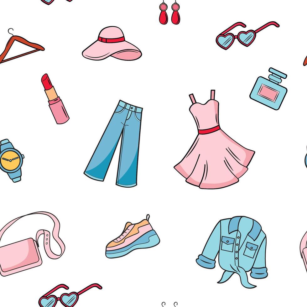 Female clothes, goods, shopping. Beautiful pattern set on a white background. Seamless background for printing. vector