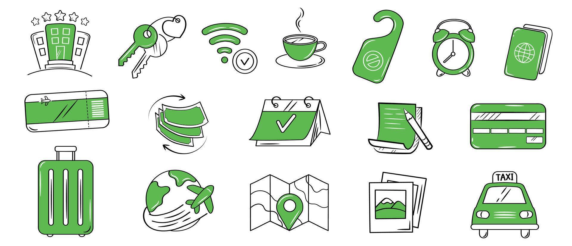 Hotel or hostel green color doodle icon set. Tourism, travel hand drawn illustrations on white background. vector