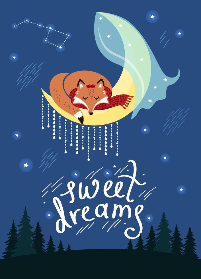 Fox sleeps on the moon at night, dark forest and lettering. vector