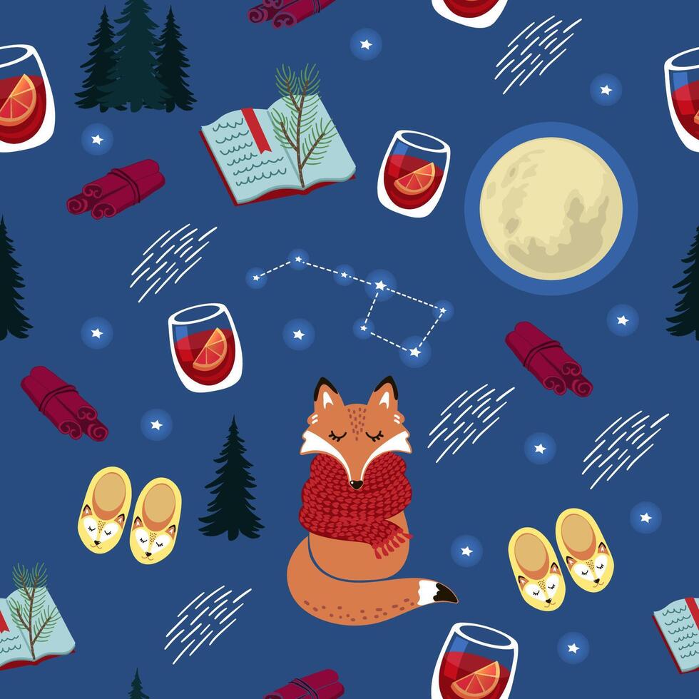 Cozy night forest pattern with sleeping fox and full moon, stars and other cute elements on dark background. vector