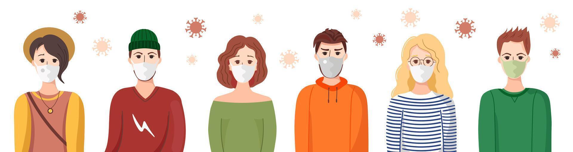 Group of young people wearing medical masks to prevent disease. Illustration flat style. vector