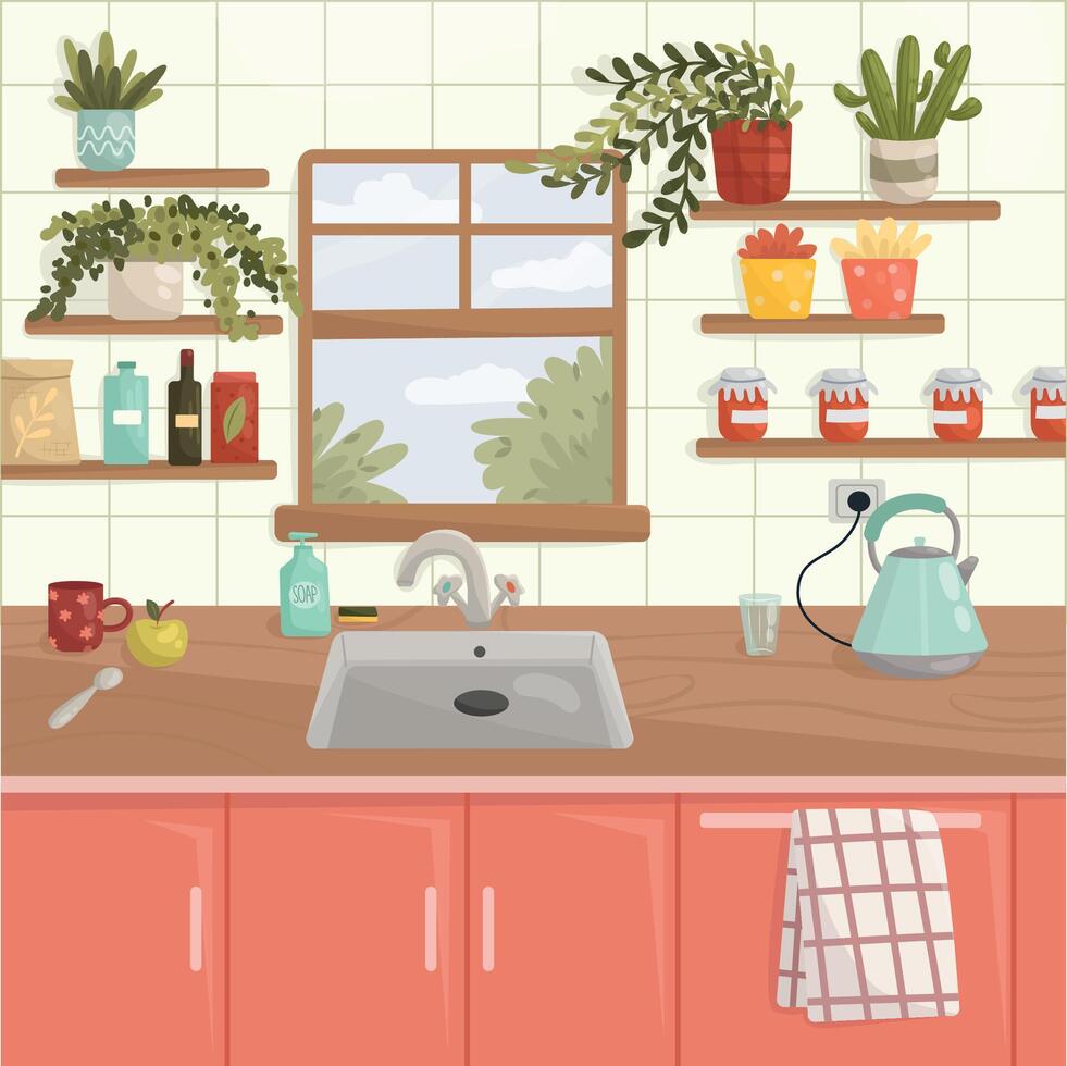 Modern kitchen interior with window, furniture, dishes and flowers. Flat style design. vector