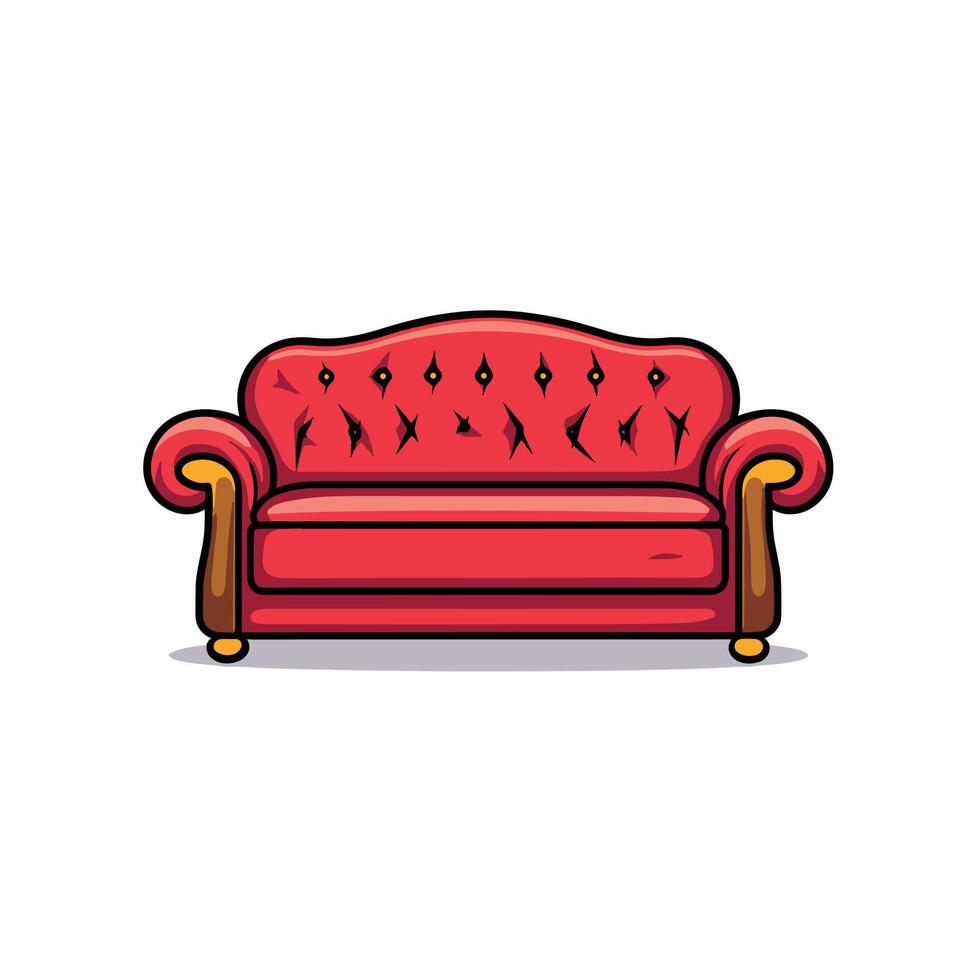 Red Couch Cartoon Illustration With Wooden Legs And Armrests vector