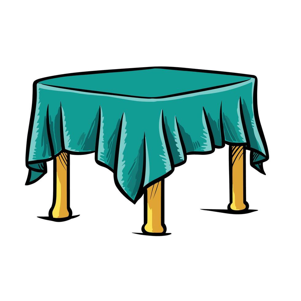 Green Table Cartoon Illustration With Tablecloth And Yellow Legs vector