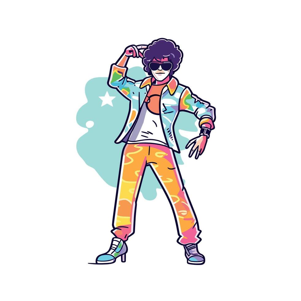 Fun and vibrant illustration of a retro disco dancer with an afro and colorful clothing, striking a dance pose. vector