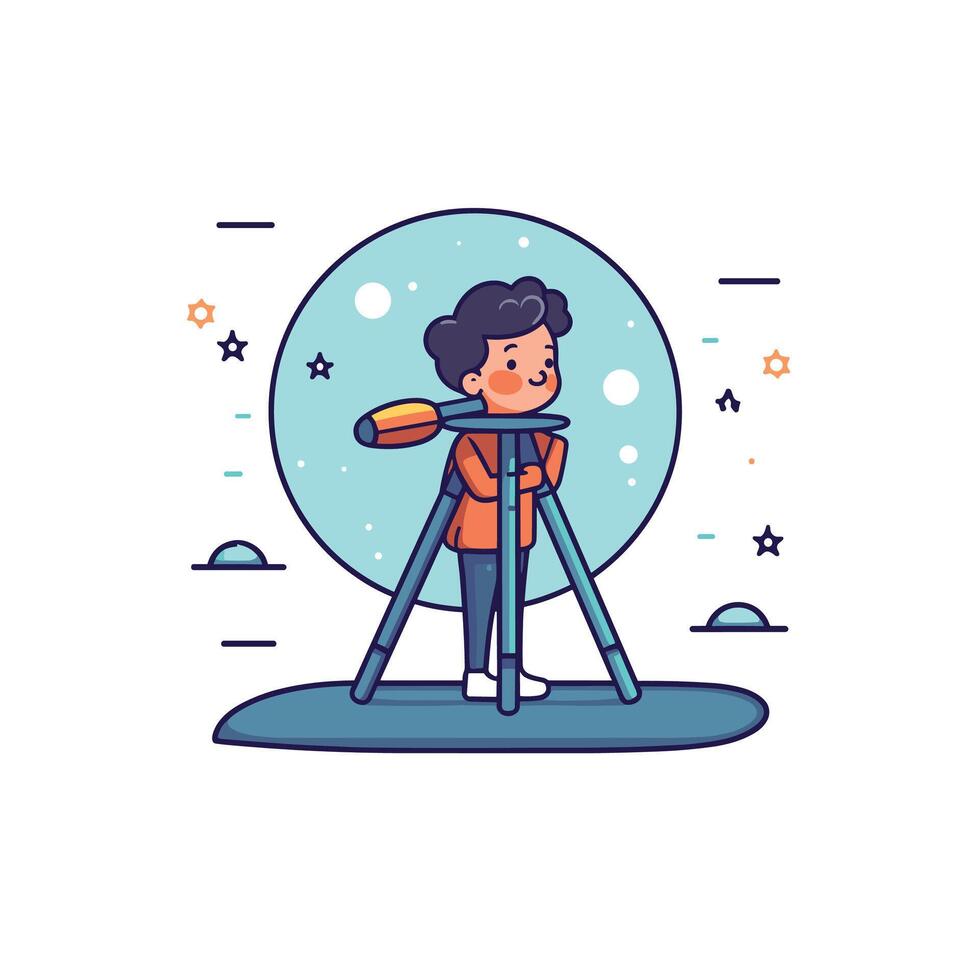 Cute Child Stargazing With Telescope And Stars vector