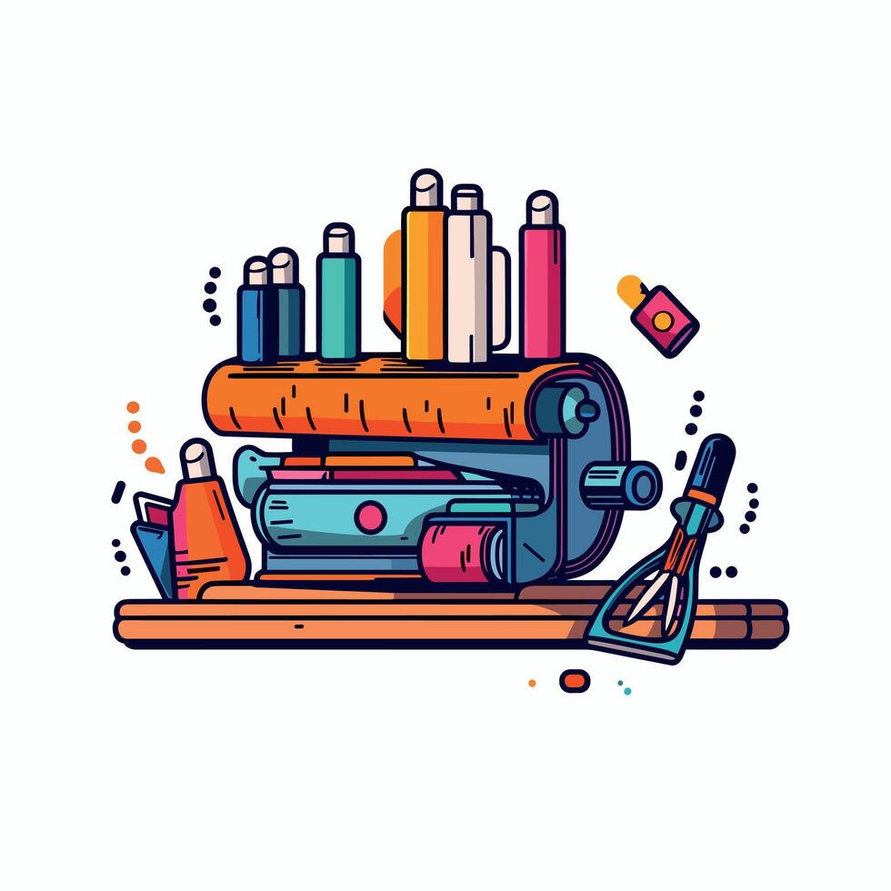 Vibrant illustration of various lipsticks and a makeup brush in an organized holder on a white background vector