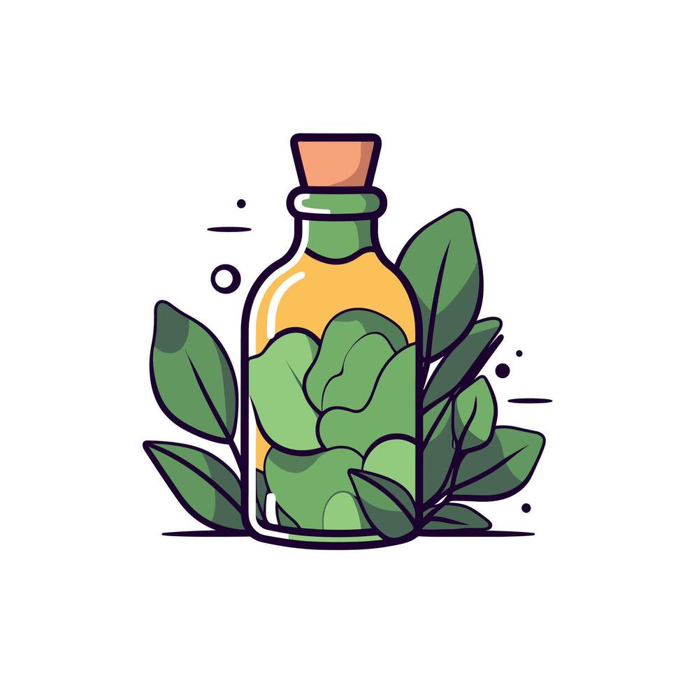 Illustration of Essential Oil Bottle with Green Leaves and Organic Design vector