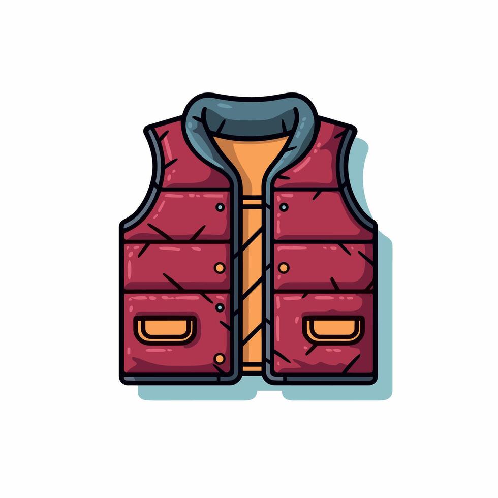 Red Puffer Vest Cartoon Illustration With Orange Inner Lining And Pockets vector