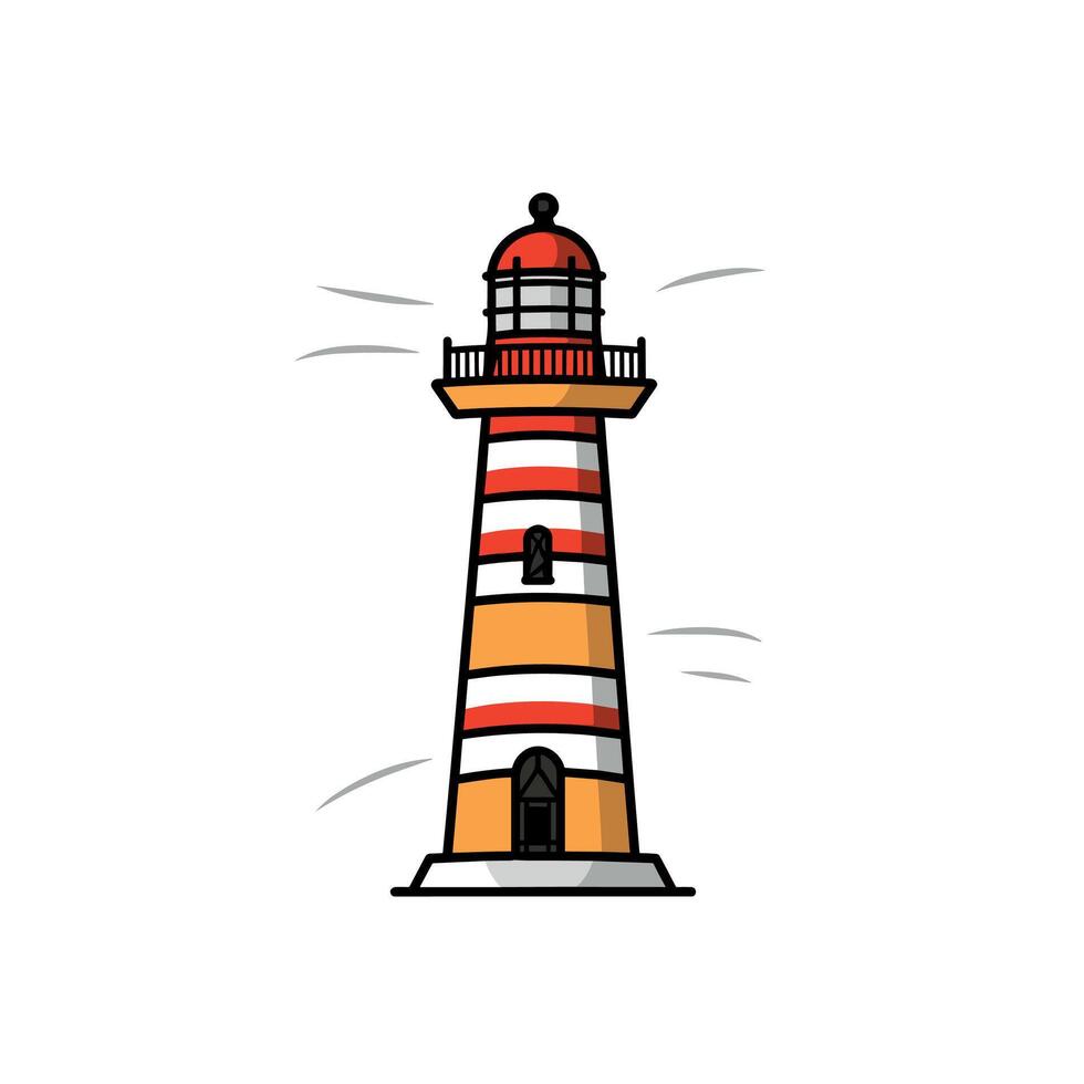 Cartoon Lighthouse Icon with Orange and Red Stripes on White Background vector
