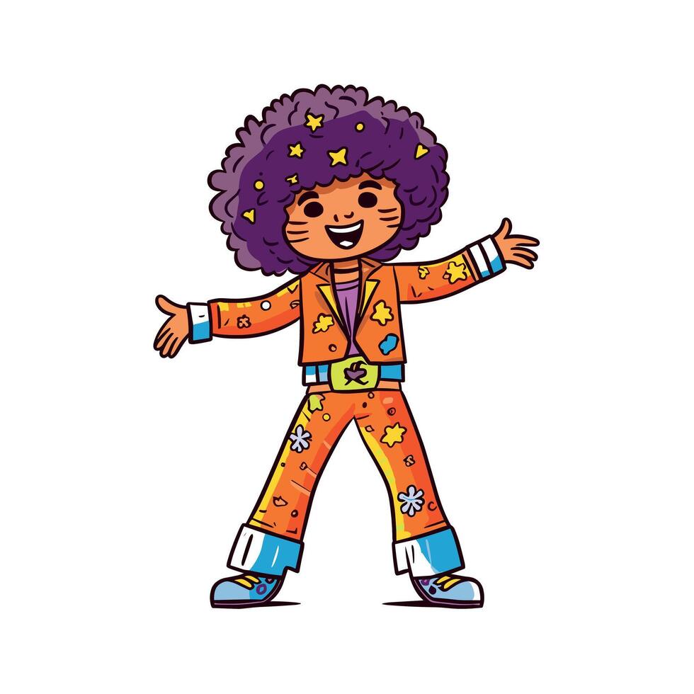 Cheerful illustration of a happy child wearing a colorful 70s outfit with an afro hairstyle, smiling and posing. vector