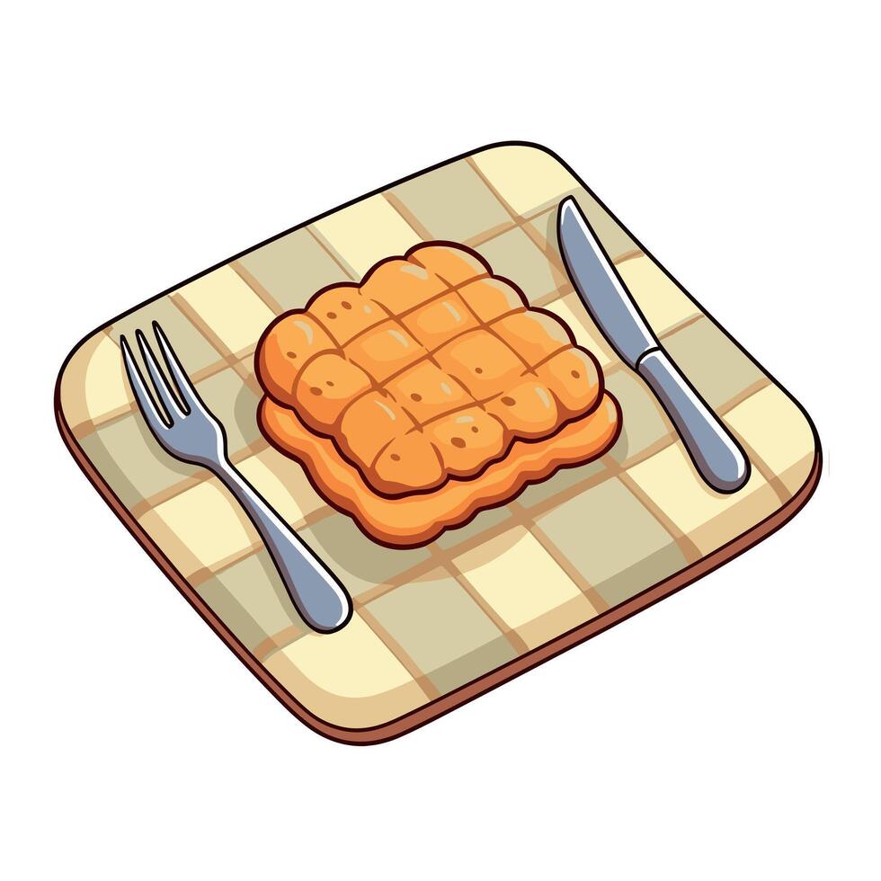 Cartoon Breakfast Waffle On Plate With Fork And Knife vector