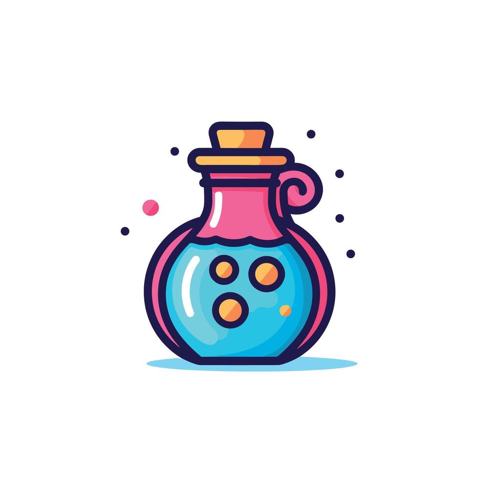 Cartoon Pink Potion Bottle with Blue Liquid and Yellow Bubbles vector