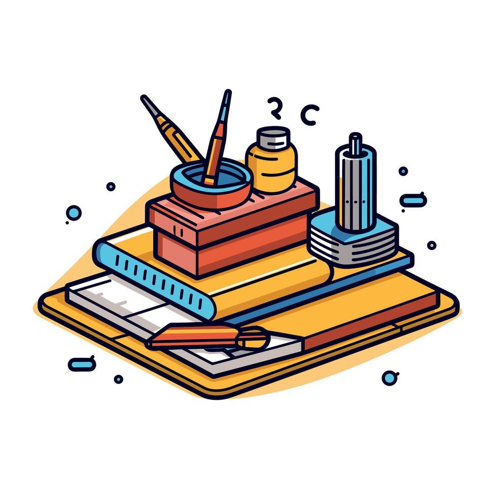Creative illustration of art supplies including brushes, paint, and books arranged on a desk vector