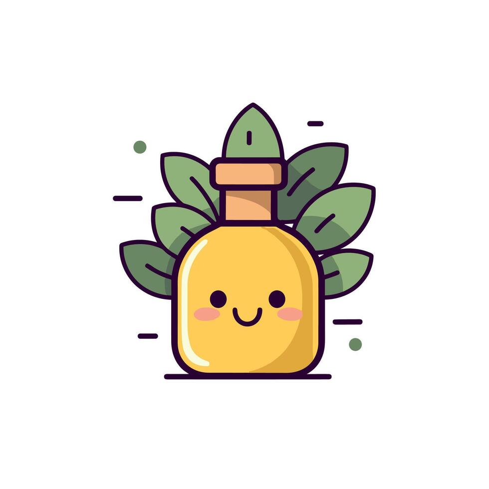 Cute Essential Oil Bottle with Happy Face and Green Leaves Cartoon vector