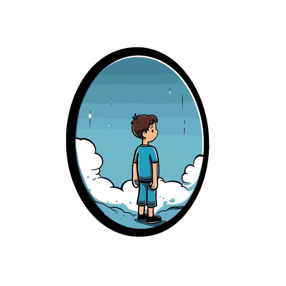 Boy Gazing into Fantasy World Through Magical Mirror Illustration vector