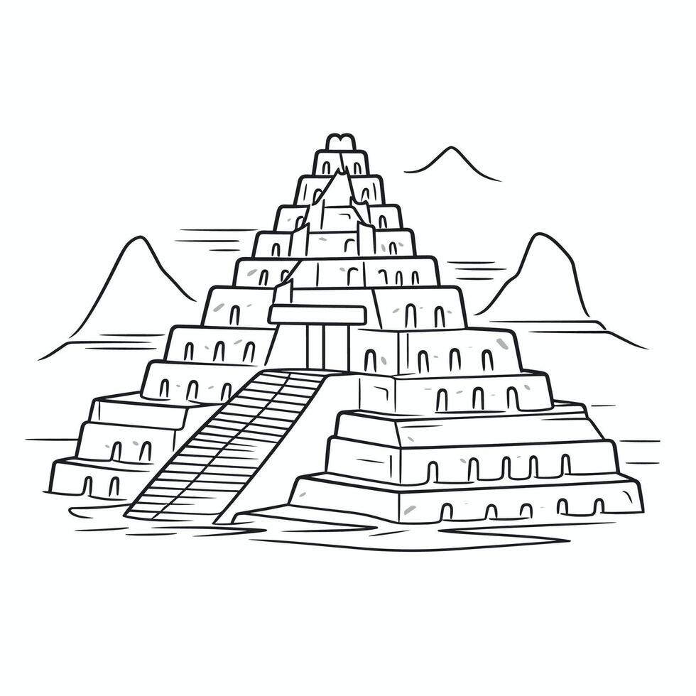 Black And White Pyramid Cartoon Illustration With Mountains vector