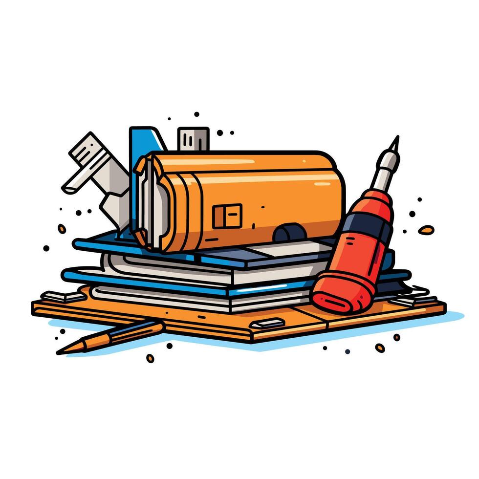 Art Supplies on Stack of Books On A White Background vector