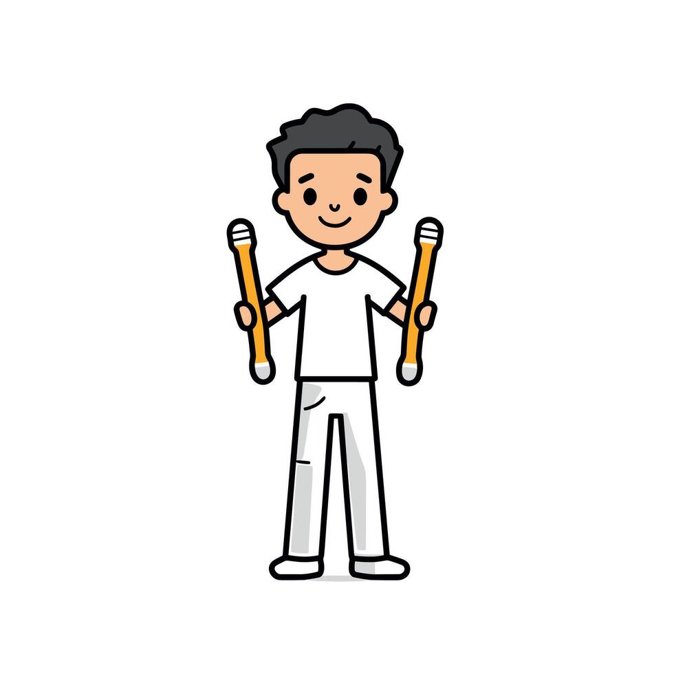 Happy Boy Holding Twin Sticks in Martial Arts Uniform on White Background vector