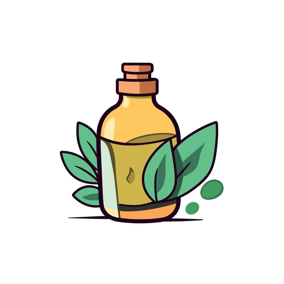 Illustration of Yellow Essential Oil Bottle with Green Leaves vector