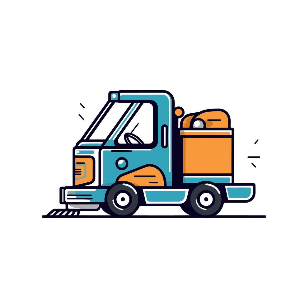 Blue And Orange Street Sweeper Cartoon Illustration With Cleaning Equipment vector