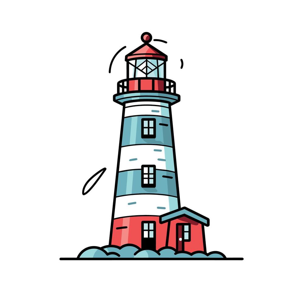 Cartoon Style Lighthouse Icon with Red and Blue Stripes on White Background vector