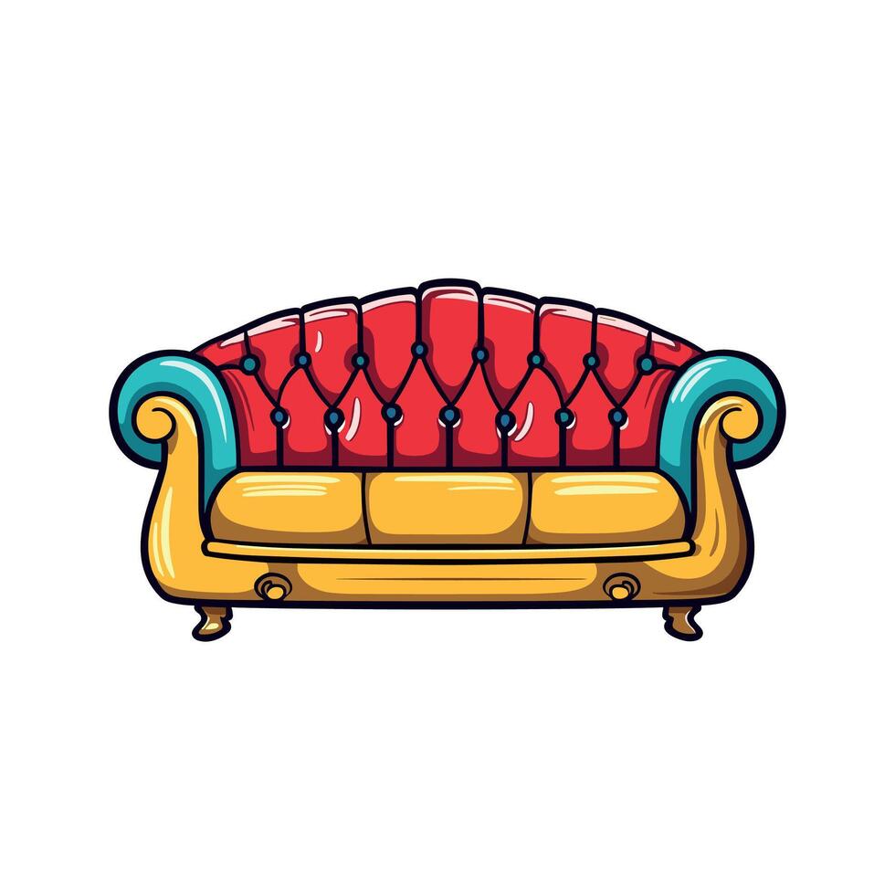 Colorful Vintage Sofa Cartoon Illustration With Yellow Cushions And Blue Armrests vector