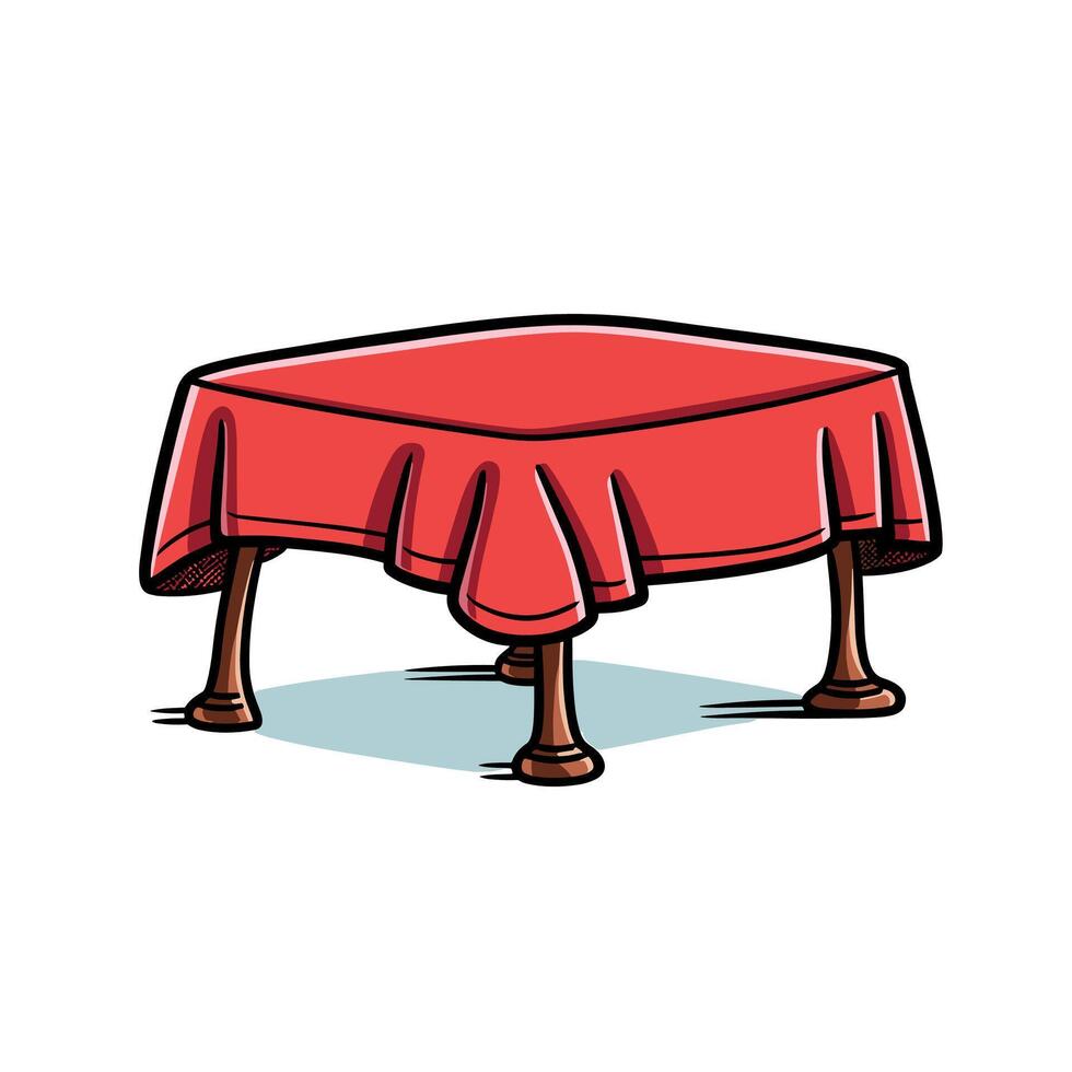 Red Table Cartoon Illustration With Tablecloth And Brown Legs vector