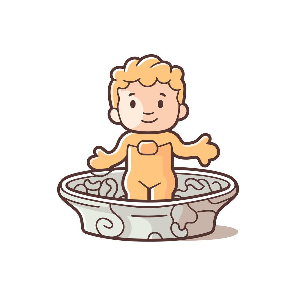 Cartoon Baby in Yellow Suit Standing in Decorative Bowl vector