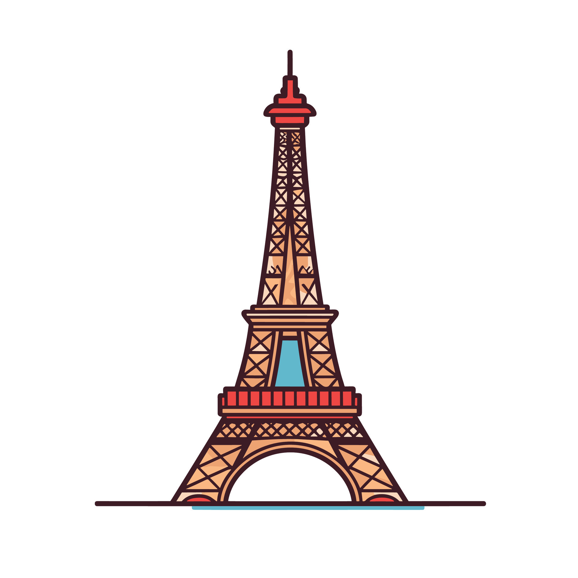Detailed Cartoon of the Eiffel Tower with Red and Blue Highlights