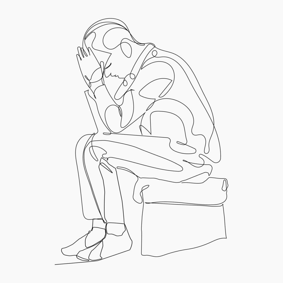 Continuous line drawing sitting man with depression, Fail. Minimalist black linear sketch isolated on white background. vector