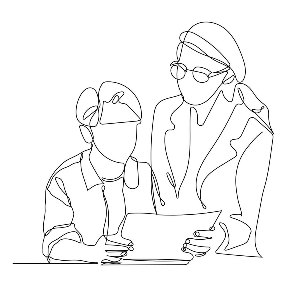 Continuous one-line drawing a student reading a book with teacher. vector