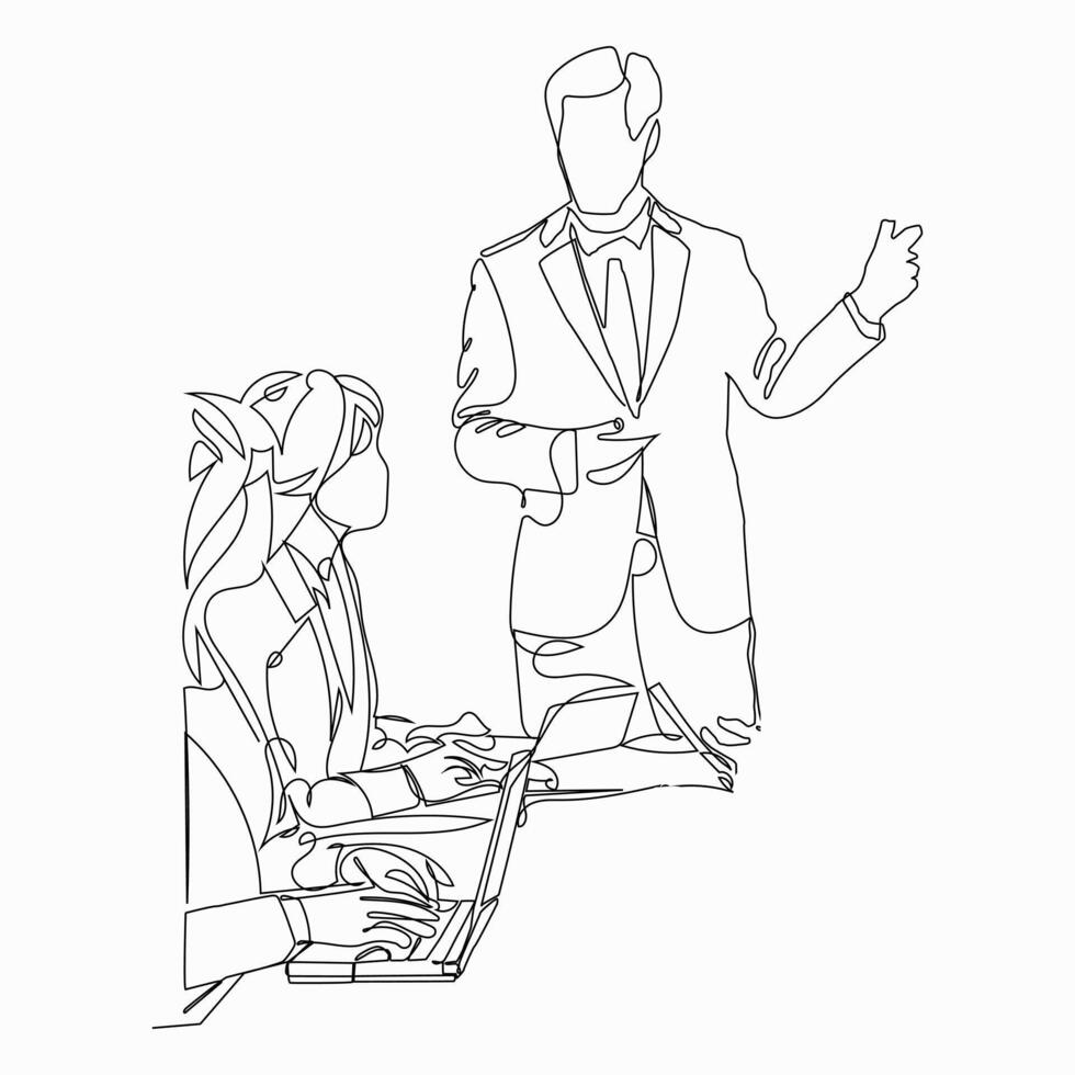 Continuous line drawing of group of business people having discussion, Minimalistic contour illustration. vector