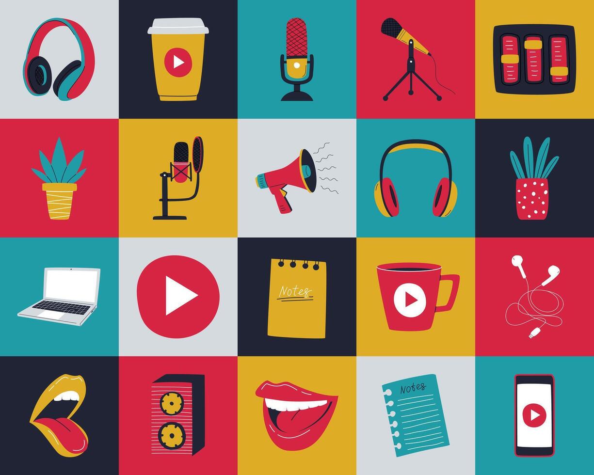 Set of icons, symbols of an online podcast, radio show, broadcast. Microphones, laptop, megaphone, talking mouth. Can be used as a seamless pattern. Color flat illustration on color background vector