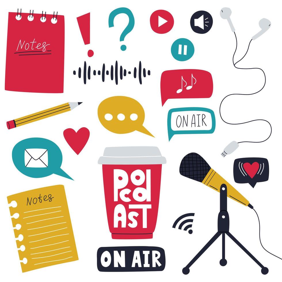 A set of elements symbolizing listening to a podcast, radio show, online show. Microphone, coffee cup, earphones, pencil, note paper. Color flat illustrations isolated on a white background vector